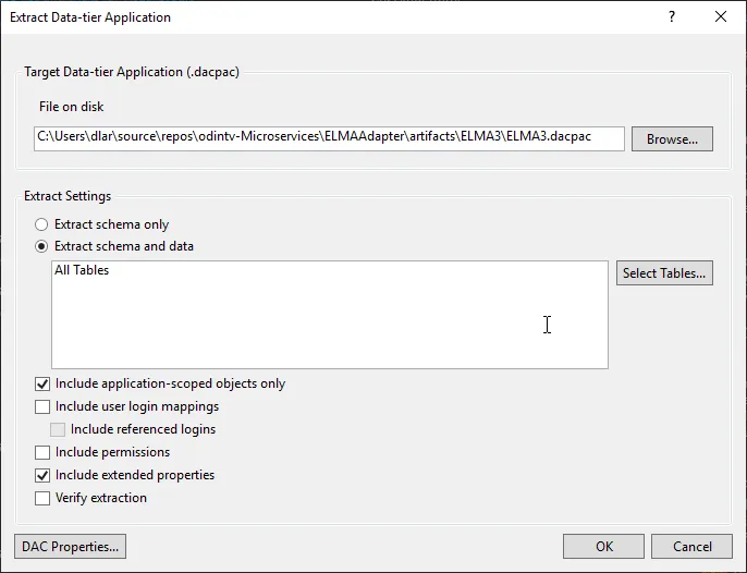 Use schema only or schema and data extraction and uncheck user login mappings